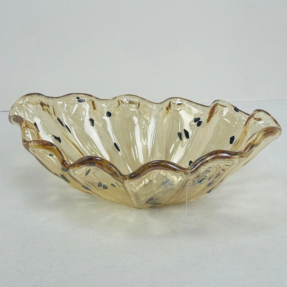 Tammaro Home Murano Glass Bowl Amber Speckled Ruffled Rim Made in Italy 10in